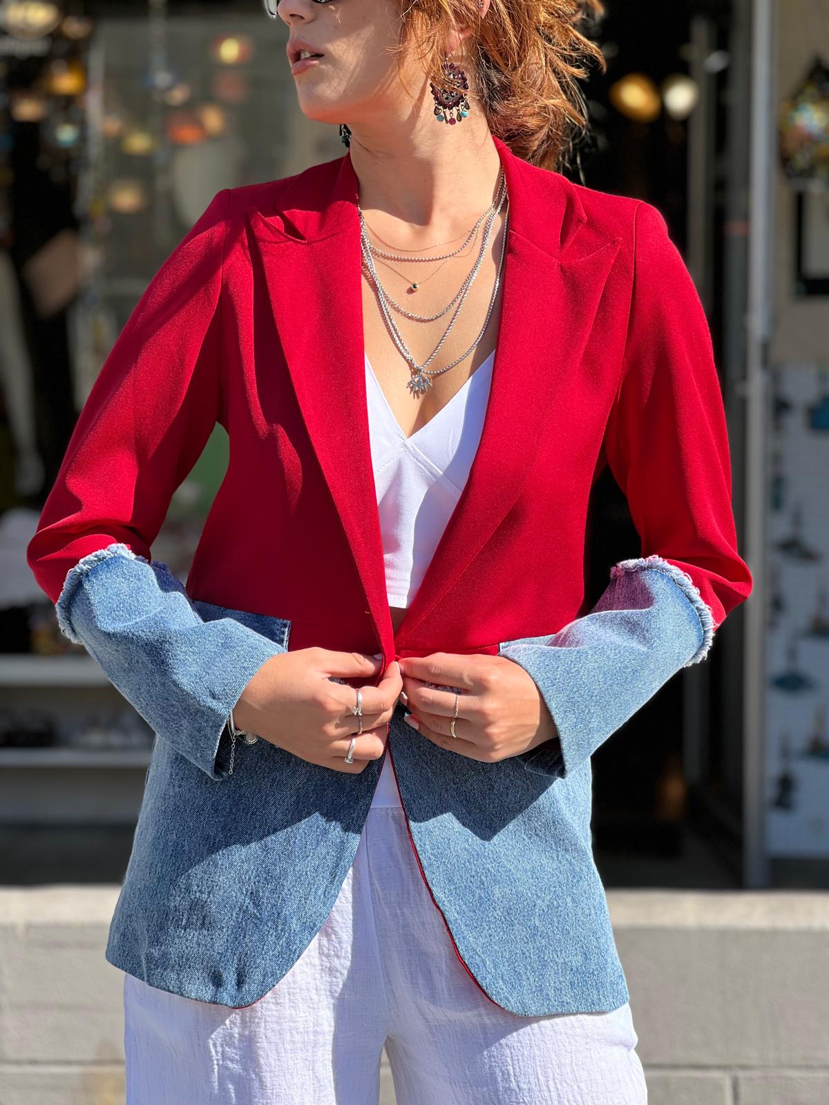 Red Blazer with Denim Detail