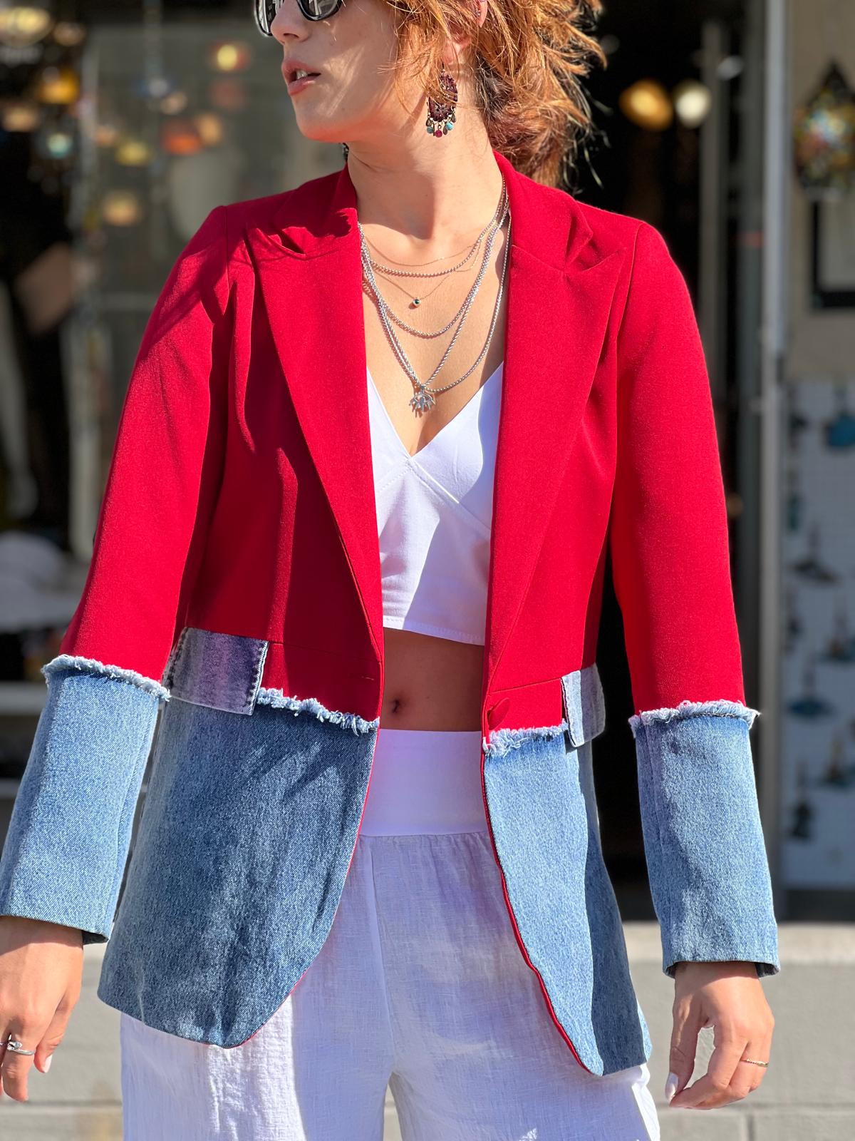 Red Blazer with Denim Detail