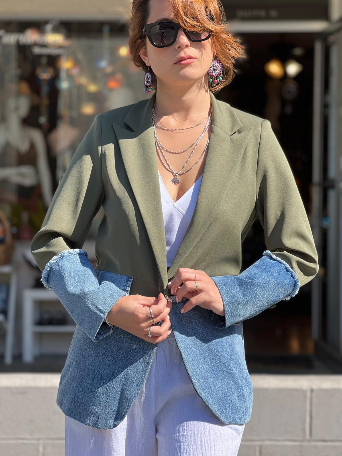 Green Blazer with Denim Detail