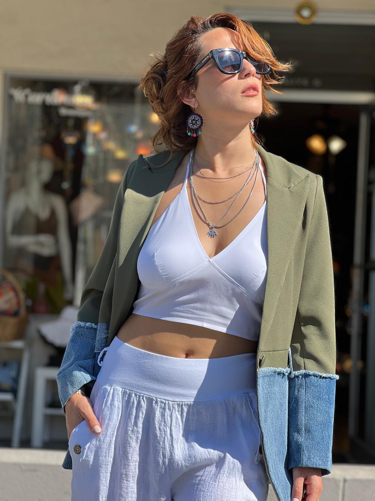 Green Blazer with Denim Detail