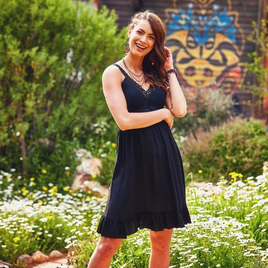 Laced V Neck Shirred Hem Dress