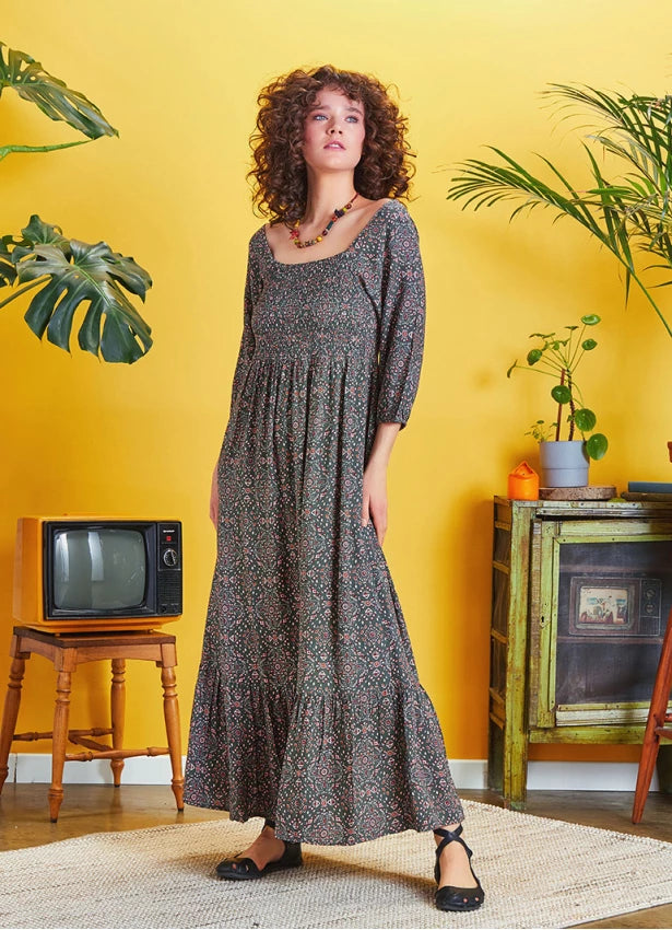 Square Neck Shirred Long Dress