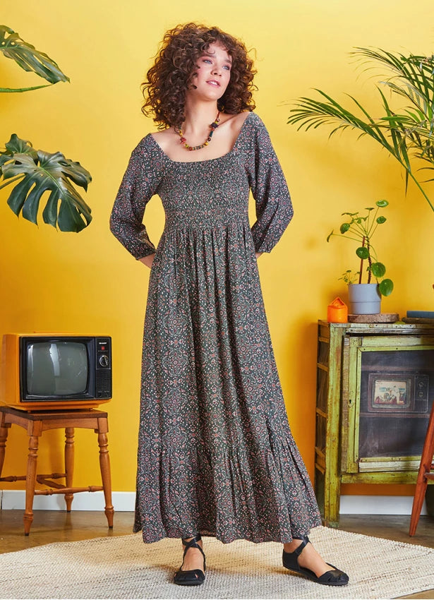 Square Neck Shirred Long Dress