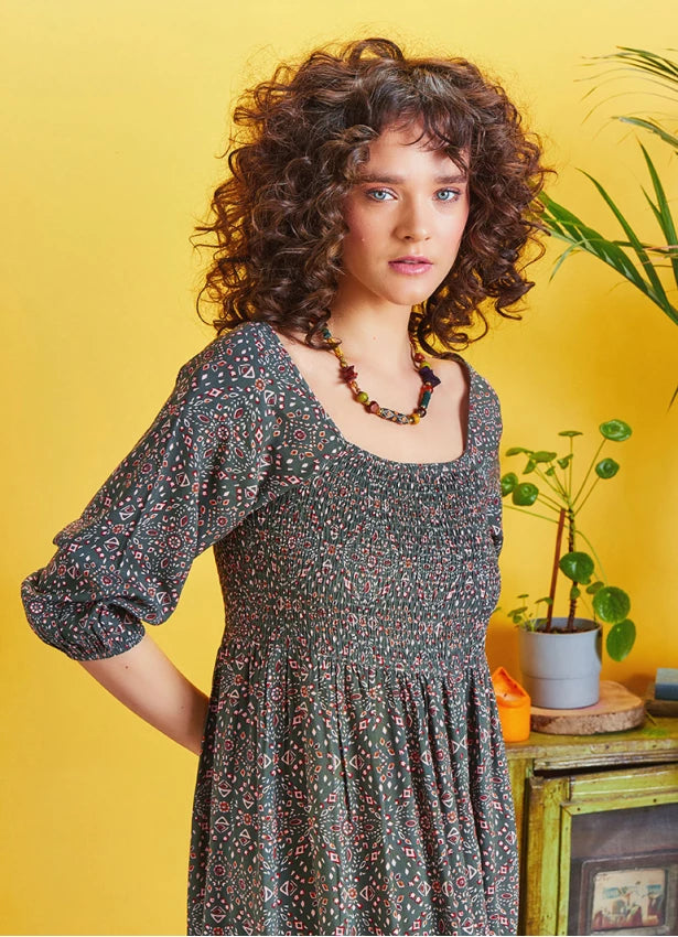 Square Neck Shirred Long Dress