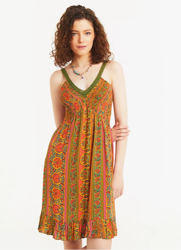 Lace Collar Strap Summer Dress Orange Patterned