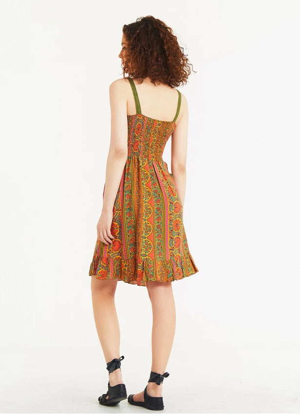Lace Collar Strap Summer Dress Orange Patterned