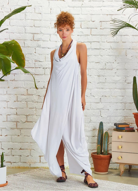 Bohemian Stylish Degaje Neck Sleeveless Dress White