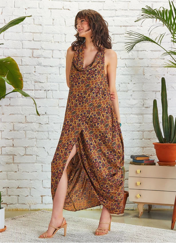 Bohemian Stylish Degaje Neck Sleeveless Dress Authentic Print