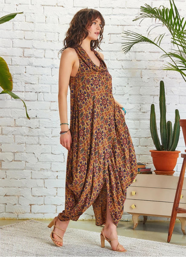 Bohemian Stylish Degaje Neck Sleeveless Dress Authentic Print