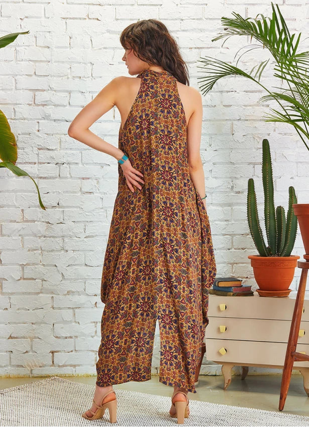 Bohemian Stylish Degaje Neck Sleeveless Dress Authentic Print