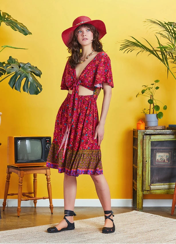 Border Hem Detail Tie Front Red Floral Summer Dress