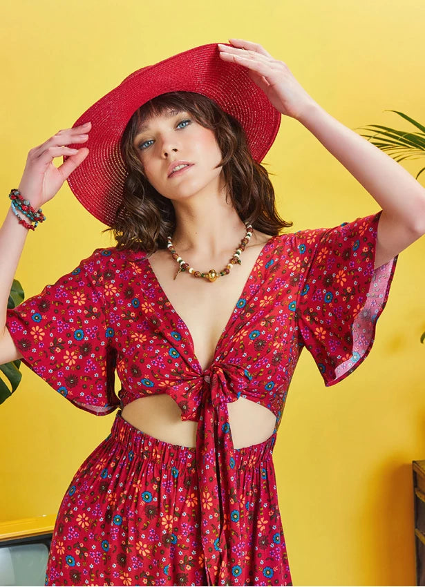 Border Hem Detail Tie Front Red Floral Summer Dress