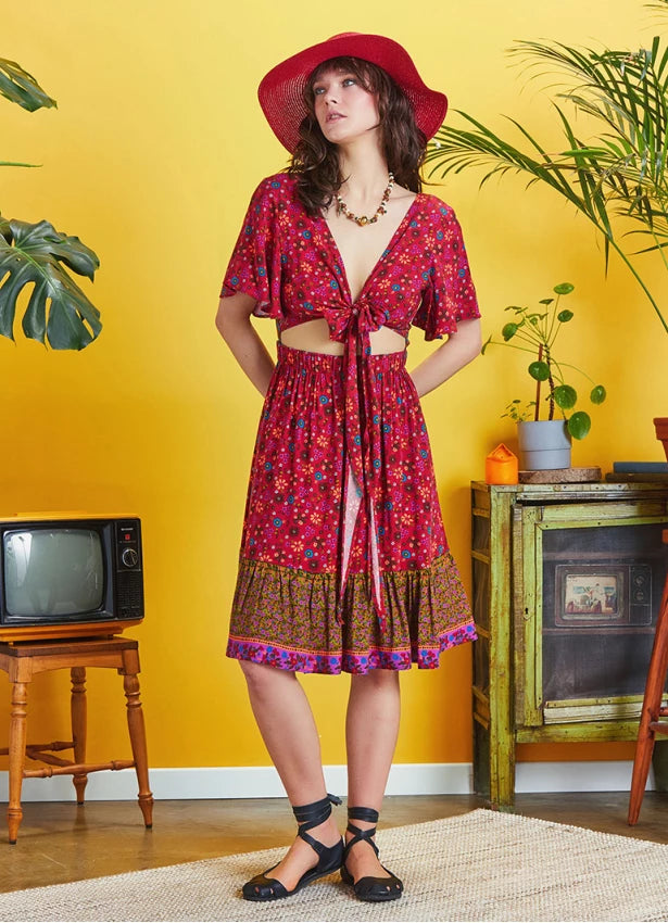 Border Hem Detail Tie Front Red Floral Summer Dress