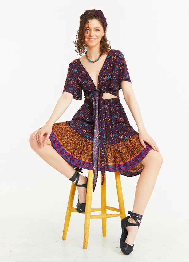 Border Hem Detail Tie Front Purple Floral Summer Dress
