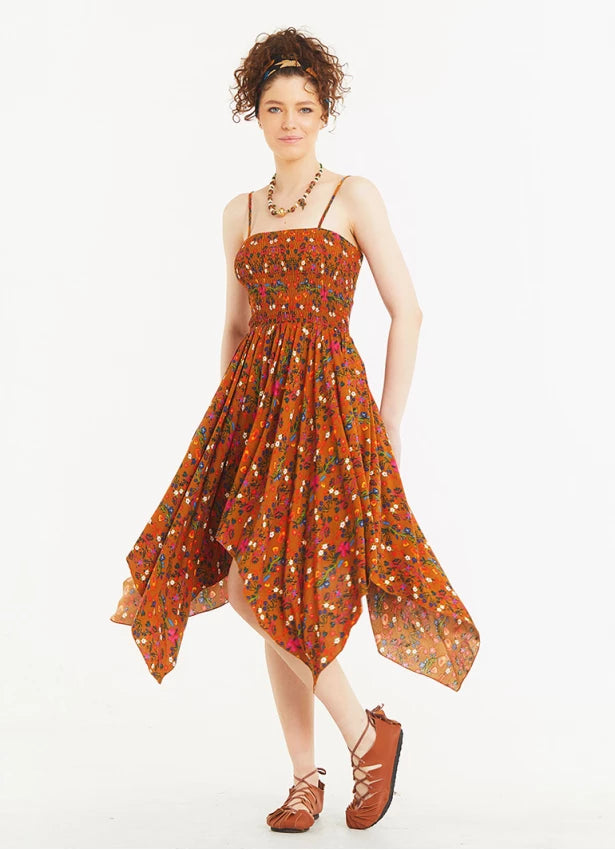 Hankerchief Skirt Thin Straps Loose Mustard Floral Patterned Dress