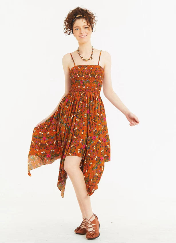 Hankerchief Skirt Thin Straps Loose Mustard Floral Patterned Dress