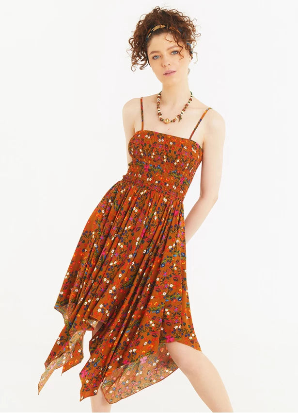 Hankerchief Skirt Thin Straps Loose Mustard Floral Patterned Dress