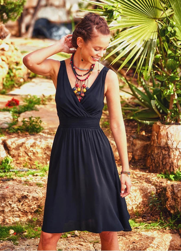 Bohemian Casual Dress with Pocket - Black