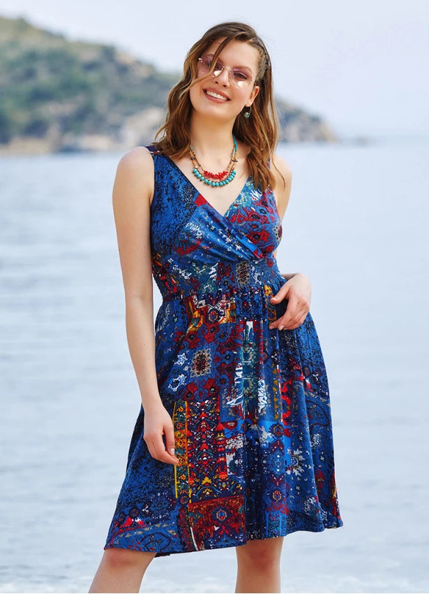 Bohemian Casual Dress with Pocket - Indigo Blue