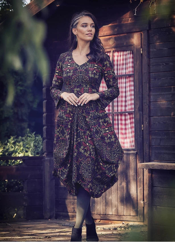 Boho Big Pockets Tie Waist V Neckline Ethnic Print Dress