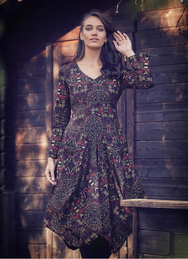 Boho Big Pockets Tie Waist V Neckline Ethnic Print Dress