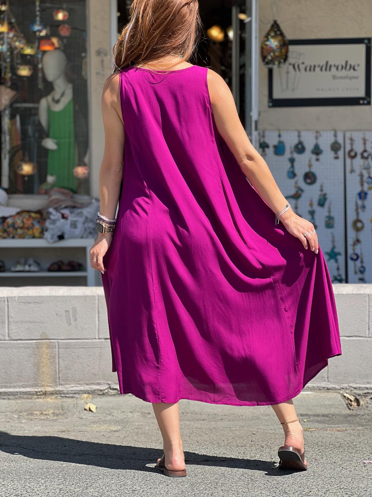 Fuchsia Pocket Detailed Viscose Dress