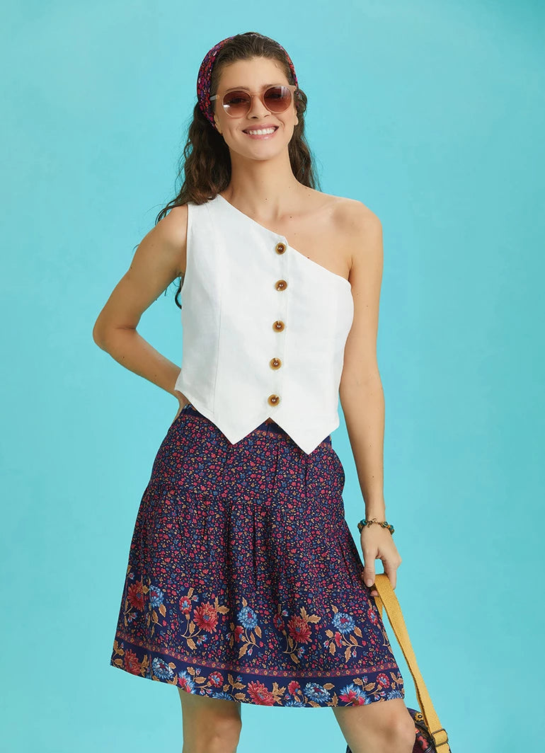 Patterned Water Fabric Bohemian Mini Skirt with Elastic Waist
