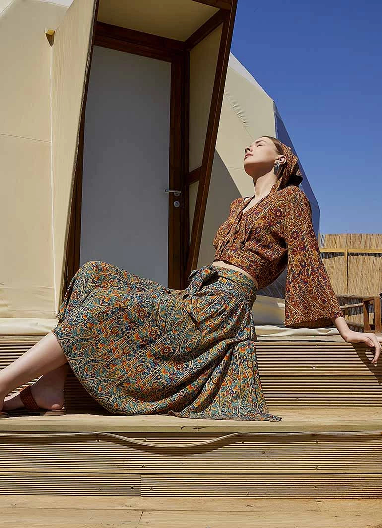 Casual Midi Petrol Patterned Flared Skirt with Tie Waist