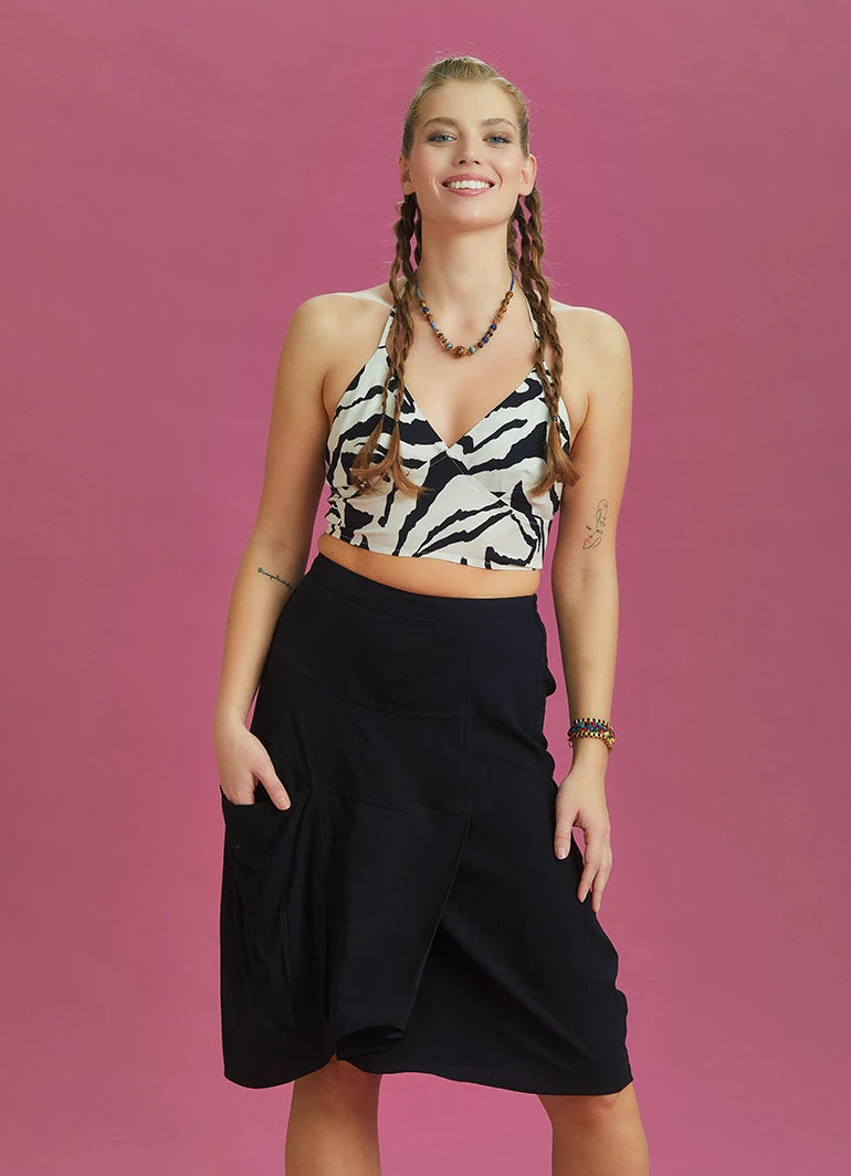 Black Pocket Midi Skirt with Feathered Front Layer Detail