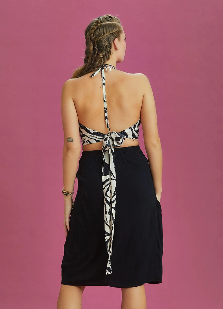 Black Pocket Midi Skirt with Feathered Front Layer Detail