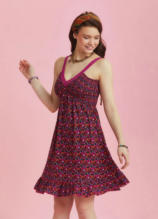 Fuchsia Floral Summer Dress with Lace Collar Straps
