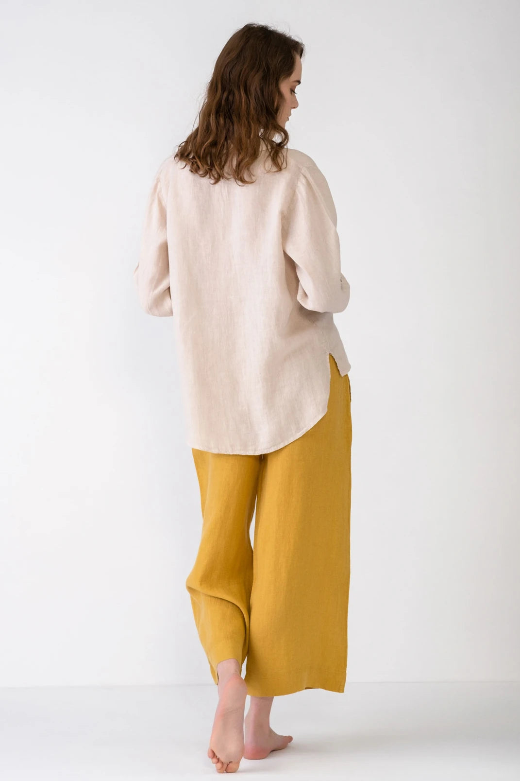 Straight Leg Linen Trousers Mustard Yellow