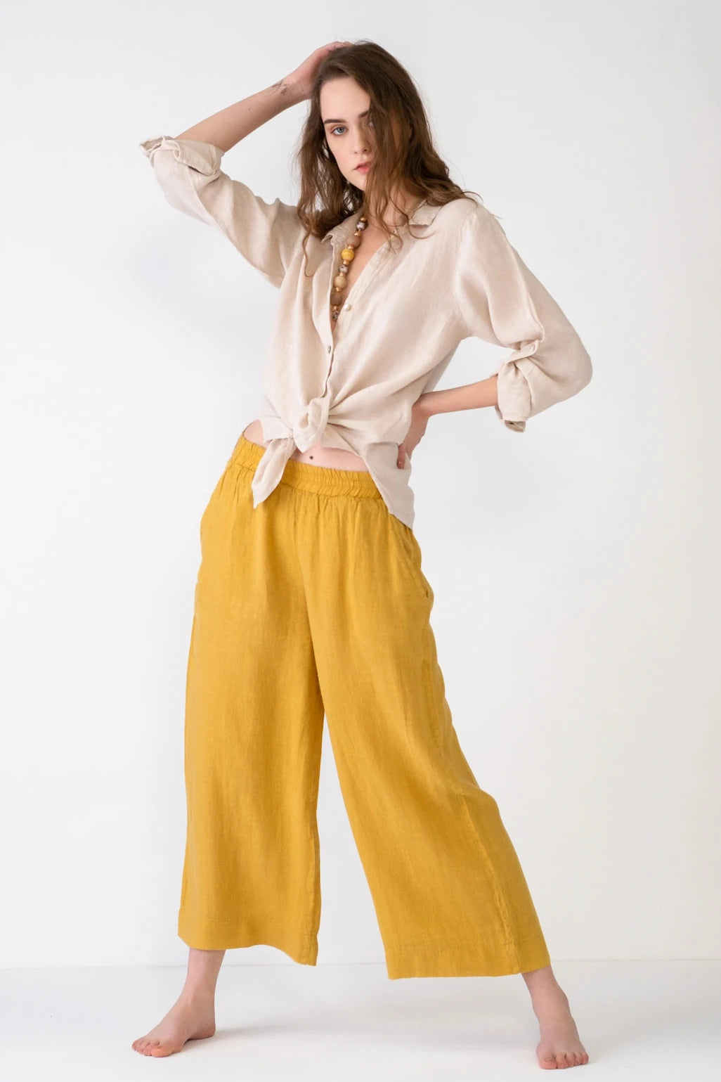 Straight Leg Linen Trousers Mustard Yellow