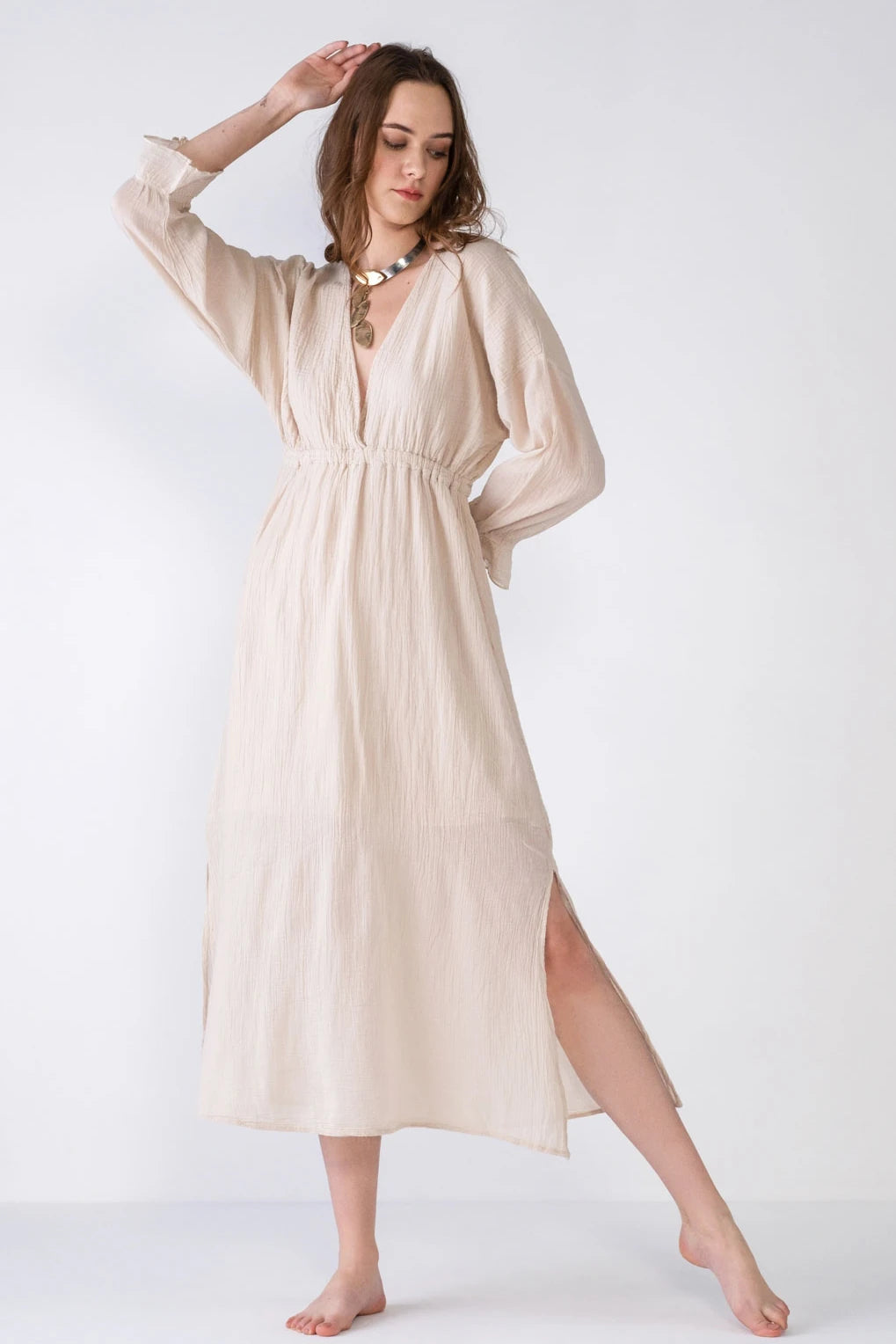 V-Neck Cotton Maxi Dress - Natural Beige