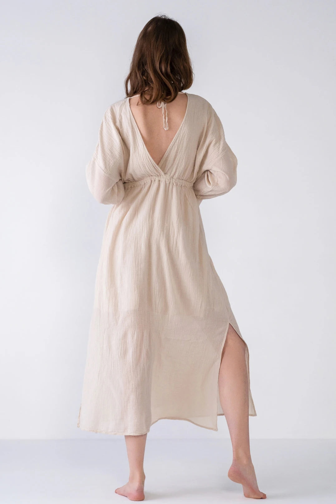 V-Neck Cotton Maxi Dress - Natural Beige