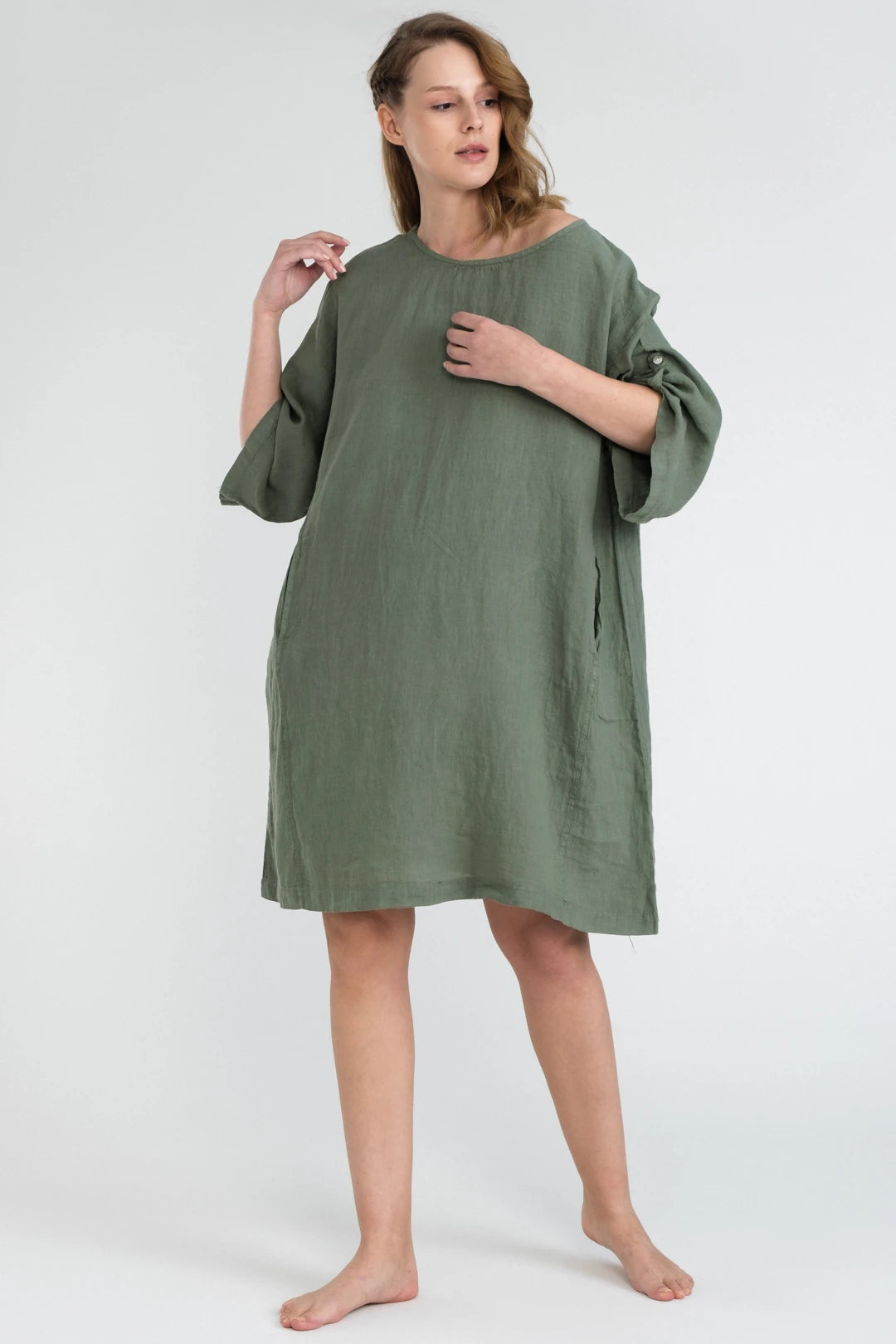 Linen Oversized Mini Dress Sage Green