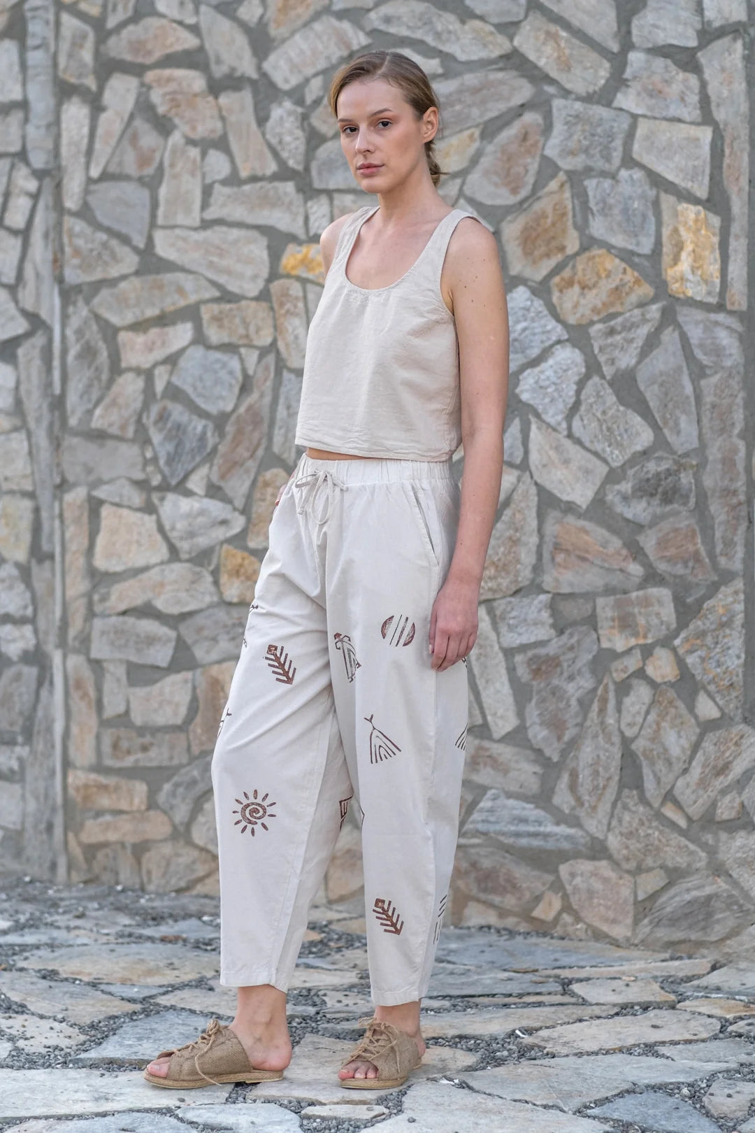 Hand Printed Slack Pants Beige