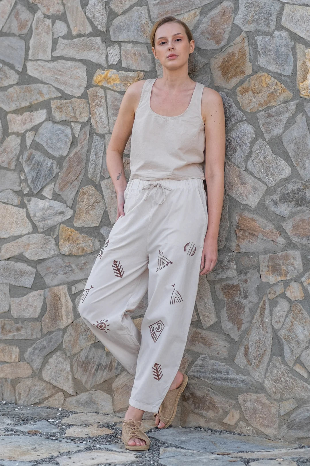 Hand Printed Slack Pants Beige