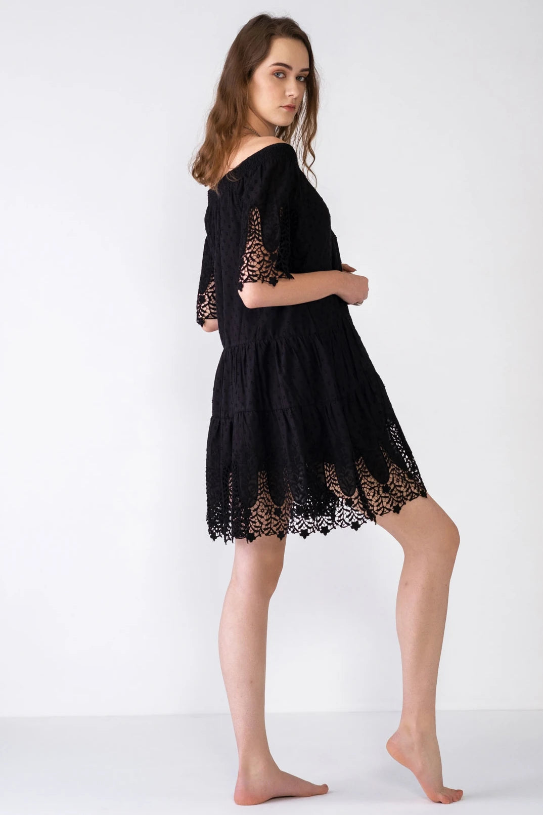 Madonna Collar Embroidered Dress - Black