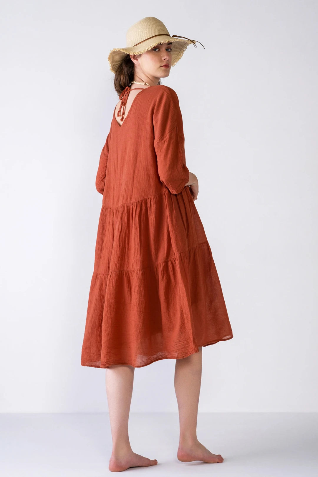 V-Neck Poplin Dress Brick Red Linen