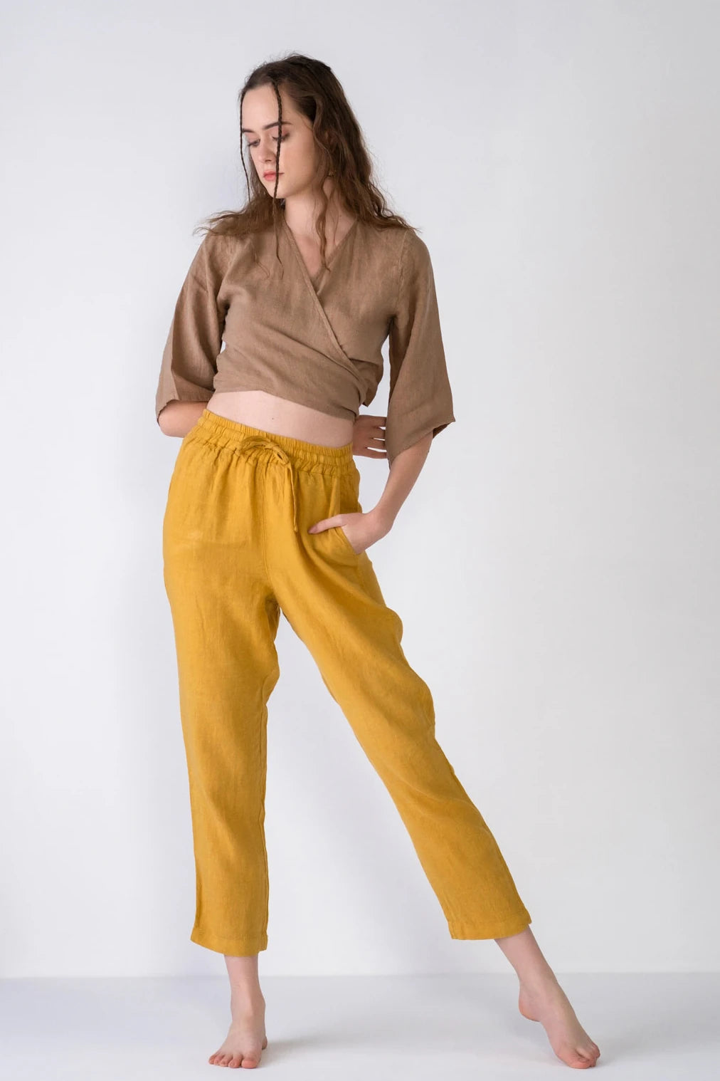 Carrot Cut Linen Pants Mustard Yellow