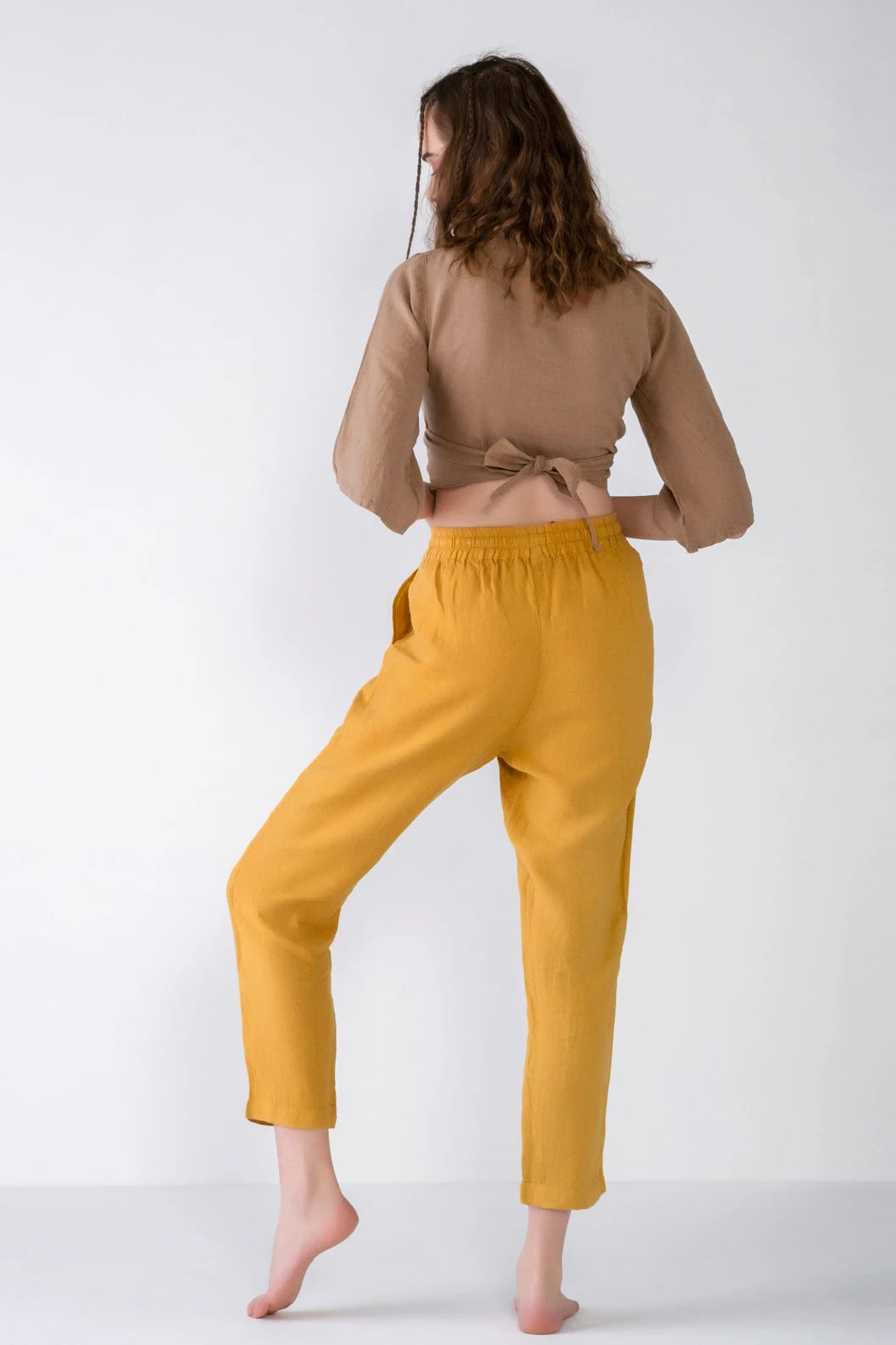 Carrot Cut Linen Pants Mustard Yellow
