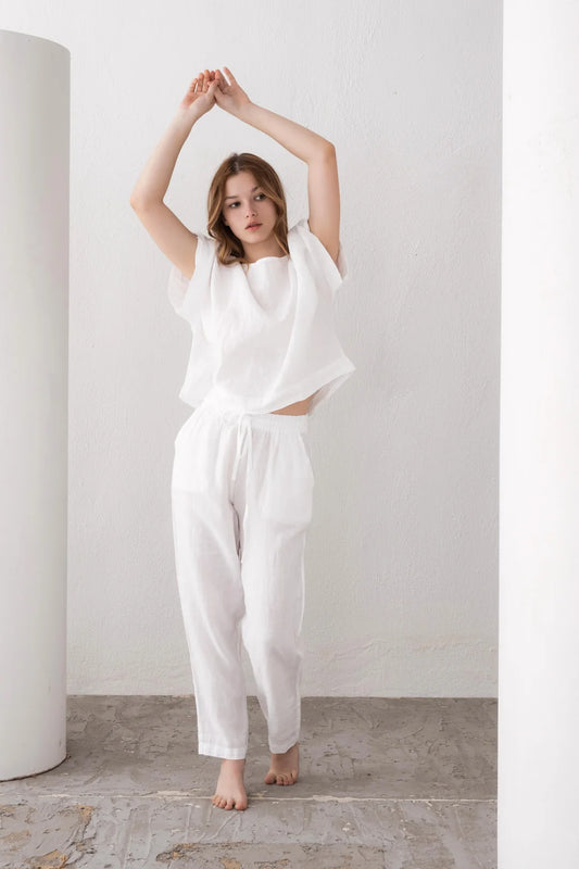 Carrot Cut Linen Pants White