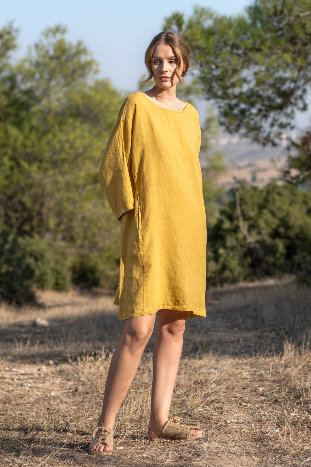 Linen Oversized Mini Dress Mustard