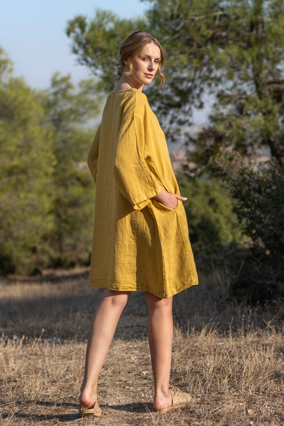 Linen Oversized Mini Dress Mustard