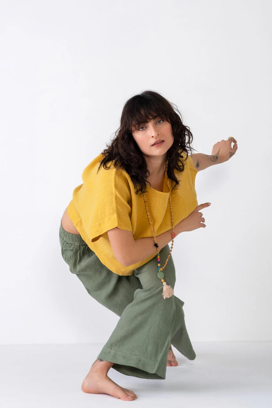 Straight Leg Linen Trousers Olive Green