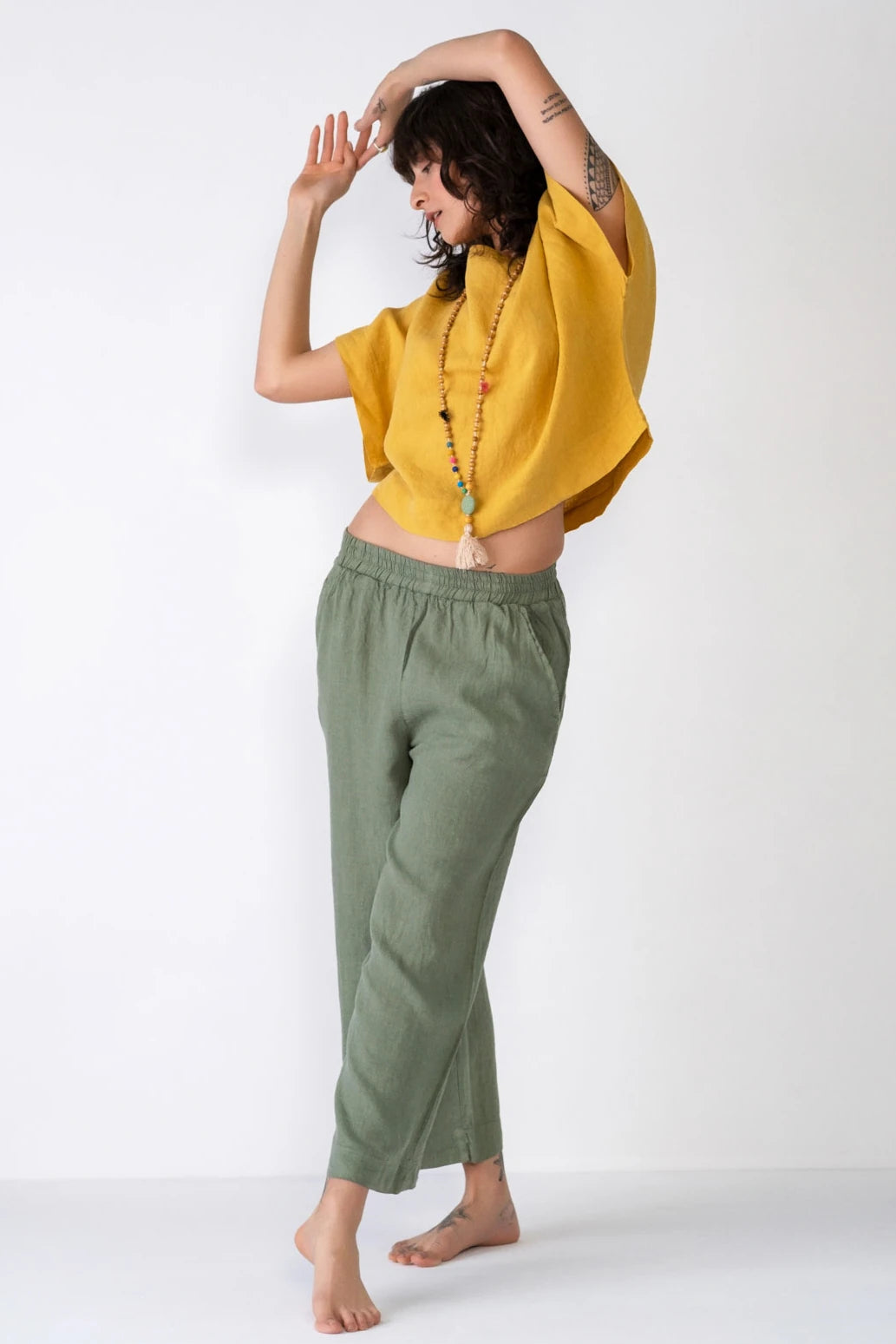 Straight Leg Linen Trousers Olive Green