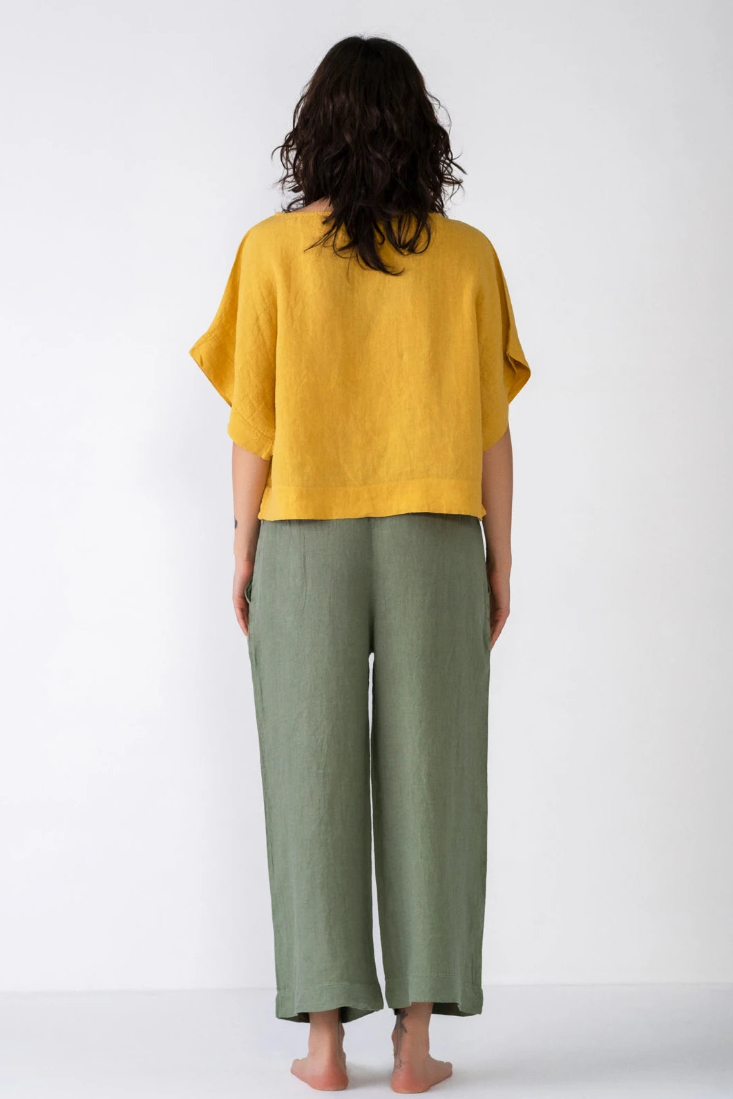 Straight Leg Linen Trousers Olive Green