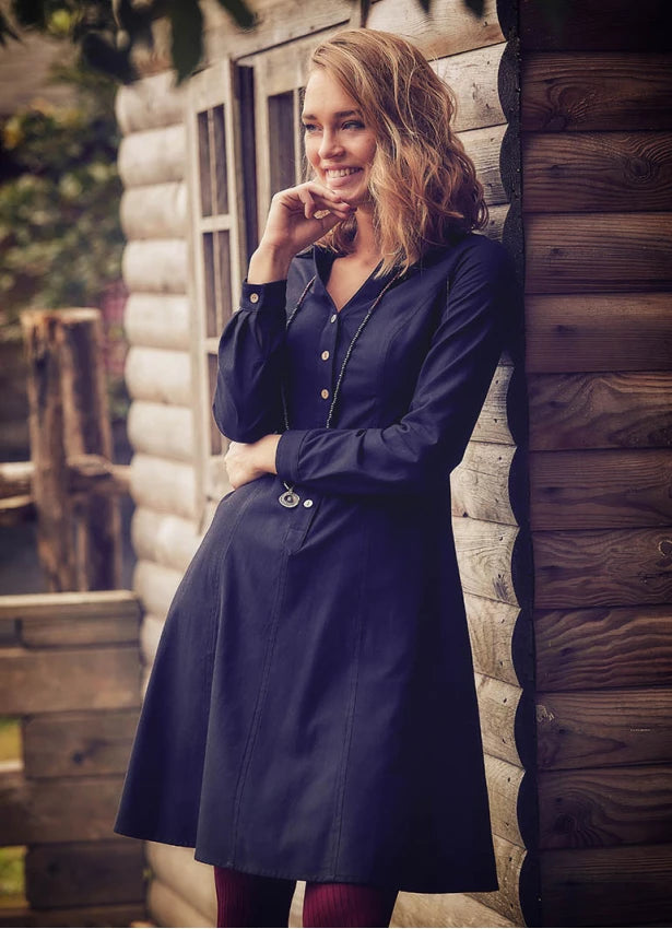 Shirt Collar Long Sleeve Cotton Fit Dress Black