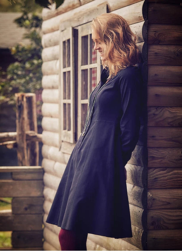 Shirt Collar Long Sleeve Cotton Fit Dress Black